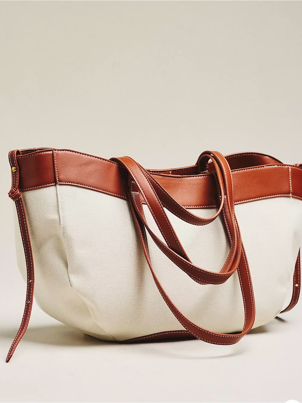 Anthropologie Cream Canvas Tote with Cognac Leather Trim